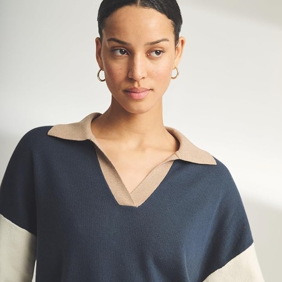 Naadam Cafe Cotton Cashmere Colorblock Polo Sweater - Medium - Indigo - Picture 4 of 5